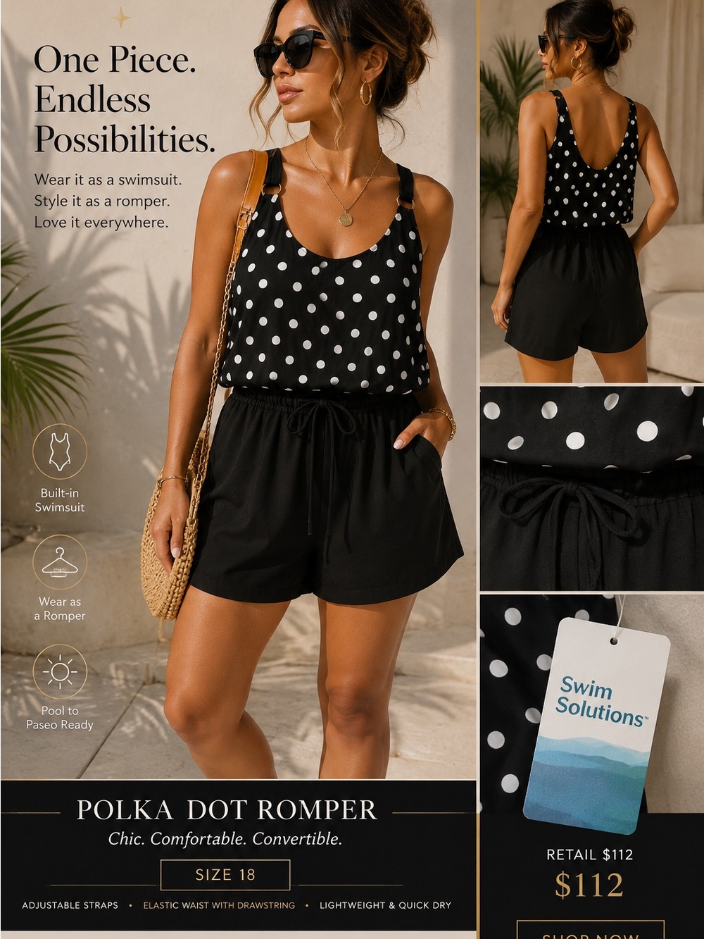 Swim Solutions Black & White Polka Dot One-Piece Romper size 18